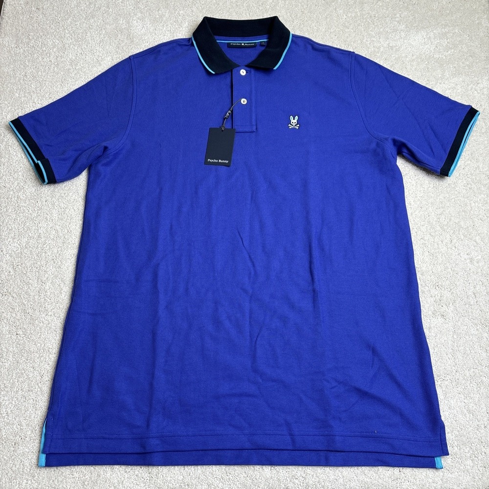 Psycho Bunny Men's Troy Logo‎ Pique Short Sleeve Polo Shirt Blue NWT Size 7